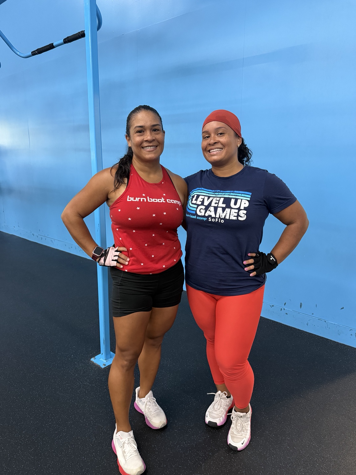 Kat and Peg in workout gear at Burn Boot Camp